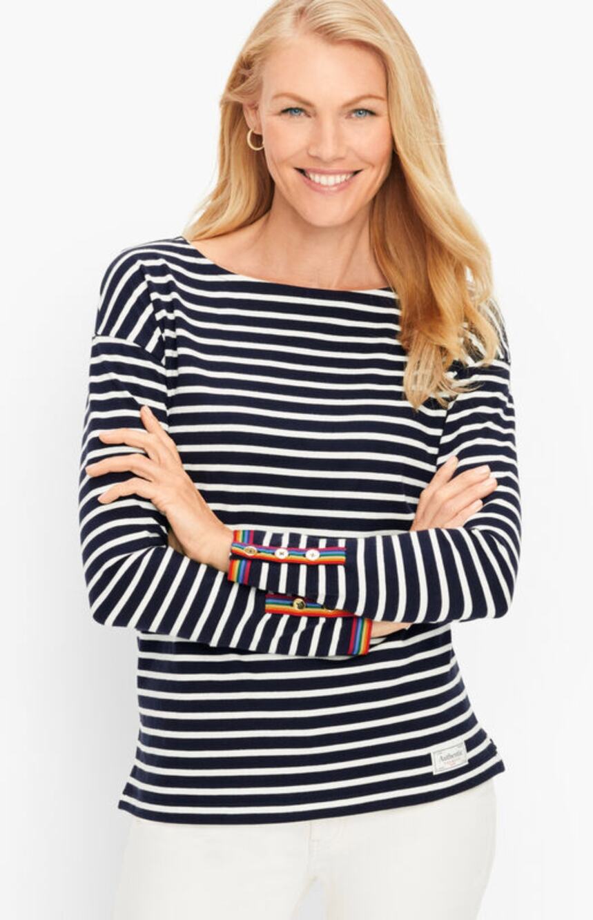 Talbots Womens S Petite Black White Jane Stripe Long Sleeve Casual Tee Shirt